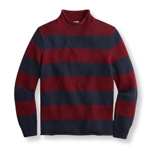 J CREW Roll Neck Heritage Sweater Mens L Stripe Red Navy Cotton Chunky Fisherman